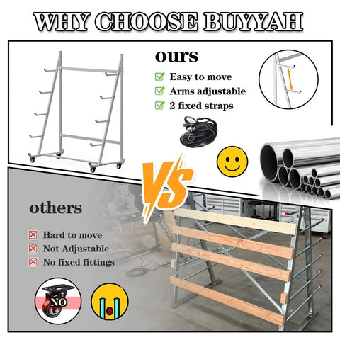 Comparison of Badass Horizontal Storage Rack Built Tough From Weather Resistant Alloy Steel with adjustable arms and fixed straps