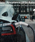 Top Shelf Heavy Duty Level Two EV Charging Cable Type Two Male To Type One Female Mode Three Electric Vehicle Adapter 32 Amp 7 Kw Power Delivery Sixteen Feet Go Getter Cable For J1772 Plug In Vehicles charging in rain, showcasing water resistance features.