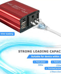 Premium 150W Car Power Inverter 12V DC To 110V AC Converter with dual USB ports, classic red aluminum design, plugged into socket.