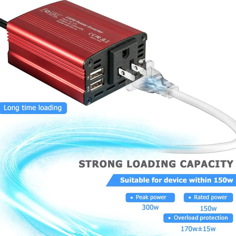 Premium 150W Car Power Inverter 12V DC To 110V AC Converter with dual USB ports, classic red aluminum design, plugged into socket.