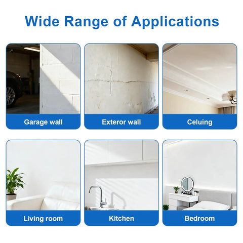 Image showing a wide range of applications for the 2 In 1 Wall Repair Kit With White Paint For Walls And Drywall Patch Quick Fix For Holes Cracks Dents And Stains All In One Filler With Simple 3 Step Sand And Smooth Finish No Fuss Crack Resistant Patch Kit, including garage, exterior walls, ceiling, living room, kitchen, and bedroom.