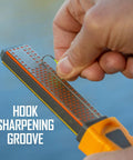 Hand using Two Stage Diamond Sharpener With 4 Inch Double Sided Stone For Knives Hooks And Pointed Tools with hook sharpening groove