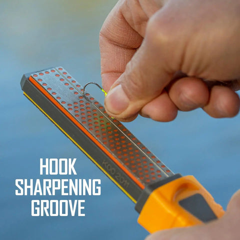 Hand using Two Stage Diamond Sharpener With 4 Inch Double Sided Stone For Knives Hooks And Pointed Tools with hook sharpening groove