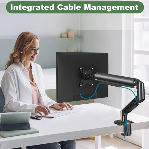 Heavy Duty Single Monitor Mount Arm For 17 To 32 Inch Flat Or Curved Screens Swivel Tilt High Reach Aluminum Desk Stand in use.