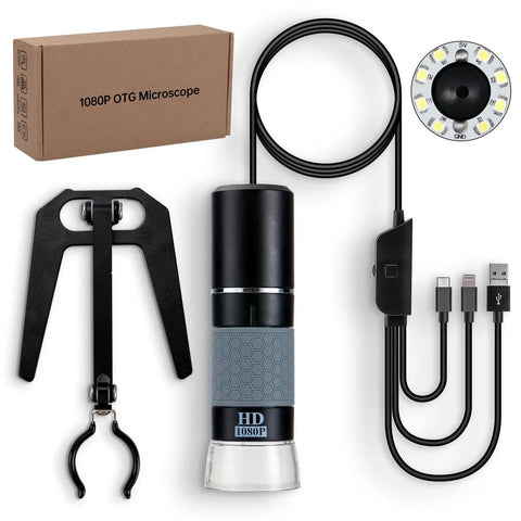 1080P USB Digital Microscope With Metal Stand 50X To 1000X Zoom Handheld Microscope Camera With 8 LED Lights Plug And Play Works With iPhone Android Windows Mac 4 In 1 USB Cable OTG Ready, with metal stand and cables