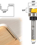Kickass Flush Trim Router Bit For Ridiculously Clean Cuts With Half Inch Diameter Quarter Inch Shank Five Eighth Bearing And Premium Carbide Tips, showing dimensions and cuts.