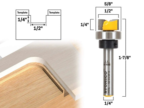 Kickass Flush Trim Router Bit For Ridiculously Clean Cuts With Half Inch Diameter Quarter Inch Shank Five Eighth Bearing And Premium Carbide Tips, showing dimensions and cuts.