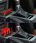 Five Pack 12V LED Toggle Switches Heavy Duty 20A SPST On Off 3 Pin Rocker For Automotive Cars Trucks Boats Racking With Red LED Indicator And Transparent Safety Cover installed on car console
