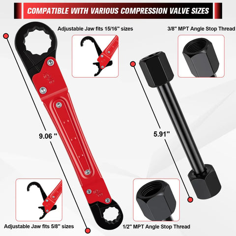 Top Shelf Plumbing Repair Kit Featuring Angle Stop Wrench And Compression Sleeve Puller For No Sweat Faucet Upgrades, showing adjustable jaw sizes.
