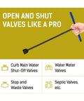 Hand holding 17 Inch Water Meter Key With Reinforced Steel T Handle And 4 Way Spigot Selector Pro Grade Garden And Plumbing Tool
