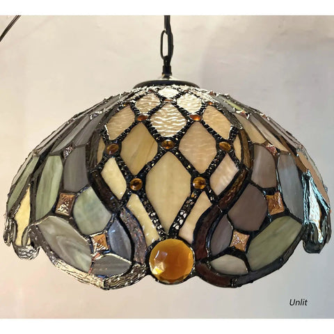 Tiffany Style Stained Glass Ceiling Pendant Light With Baroque Vibe, Handmade Glass Shade, unlit multicolor design.