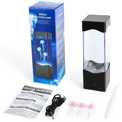 Jellyfish Lamp Mood Night Light For Desk And Room Decor, USB powered with box, instructions, USB cable, 3 floating jellyfish, stress relief