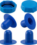 Six Pack Pool Plug Replacement and Drain Valve Cap Set for Above Ground Pools, includes blue caps and plugs for easy maintenance.
