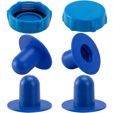 Six Pack Pool Plug Replacement and Drain Valve Cap Set for Above Ground Pools, includes blue caps and plugs for easy maintenance.