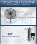 20 Inch Industrial Oscillating Wall Mount Fan Delivers Up To 5500 CFM Beefy High Velocity Airflow, 90° oscillation and 60° tilt