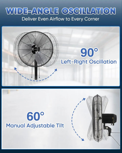 20 Inch Industrial Oscillating Wall Mount Fan Delivers Up To 5500 CFM Beefy High Velocity Airflow, 90° oscillation and 60° tilt