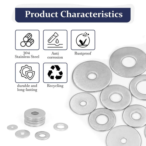 Image of the Stainless Steel Fender Washers Set 108 Pcs 12 Sizes From M3 To M12 304 Grade with features icons.