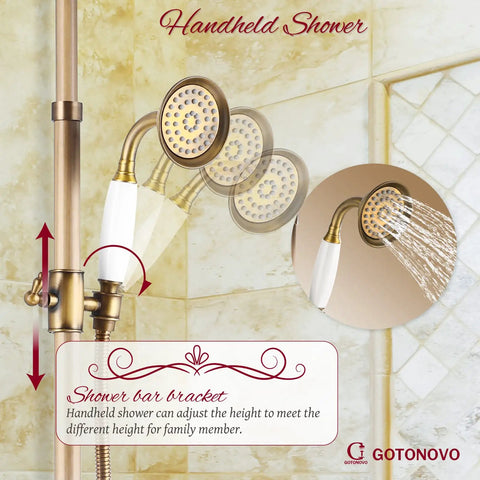 Exposed Antique Brass Shower System Set with handheld shower head and adjustable bar in a modern bathroom.