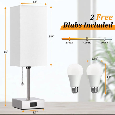 Touch Control Bedside Lamp With Dope 3 Way Dimmable Lighting USB Ports And AC Outlet shown with included two LED bulbs