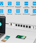 Heavy Duty Metal 8 Outlet Power Strip With 1200J Surge Protector Mountable Wall Mount Desk Strip Wide Spaced Sockets 15A 125V 1875W 3 Ft 14AWG Cord Built For Gamer Setups on desk with charging devices