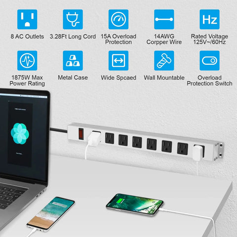 Heavy Duty Metal 8 Outlet Power Strip With 1200J Surge Protector Mountable Wall Mount Desk Strip Wide Spaced Sockets 15A 125V 1875W 3 Ft 14AWG Cord Built For Gamer Setups on desk with charging devices
