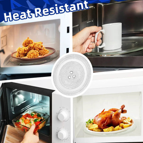 9.6 Inch Microwave Glass Turntable Plate Replacement used with fried chicken, mug, vegetables, and roast chicken in microwaves