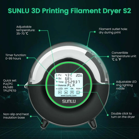 All In One Filament Dryer S2 With Built In Circulation Fan 70C Max Temperature 3D Printer Filament Dehydrator showing control panel and features.