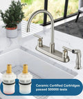 Heavy Duty Two Handle Kitchen Faucet With Pull Down Sprayer And Four Hole Deck Mount In Sleek Brushed Nickel Finish with ceramic cartridges.