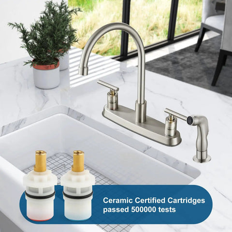Heavy Duty Two Handle Kitchen Faucet With Pull Down Sprayer And Four Hole Deck Mount In Sleek Brushed Nickel Finish with ceramic cartridges.