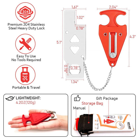 Travel Safe Portable Door Lock For Hotels And Rentals Universal L Shaped Door Lock Latch with red handle and chain, includes manual and storage bag