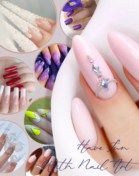 Various nail art designs showcasing vibrancy and creativity, highlighting use cases for Nail Buffer Block Set For Manicures And Pedicures.