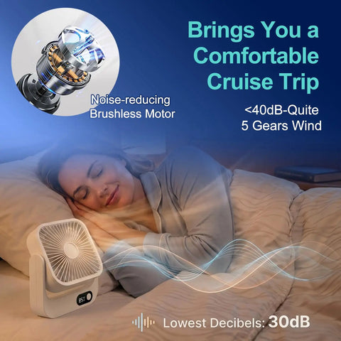 Woman sleeping with Cruise Ship Approved Portable Fan With 5000mAh Battery 16 Hour Runtime USB C Charging Magnetic Ceiling Or Wall Mount Ideal Cabin Cooler For Carnival Cruise Travel 2026 White next to bed