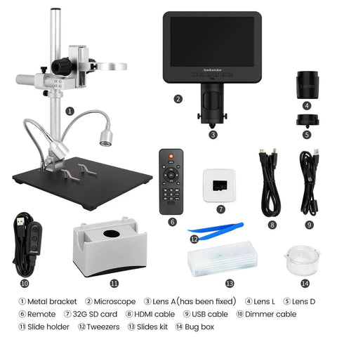 3 Lens UHD Digital Microscope With 2160P HDMI Output And 2000X Magnification For Adults Dope For Soldering Repairs, Coins, Plants, And Biological Slides Crisp Live View For Pro Like Inspection, with stand and accessories