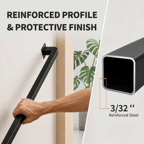 Rock Solid Black Wrought Iron Indoor Stair Handrail With Heavy Duty Square Tube Safety Railing 3/32 inch profile and reinforced finish