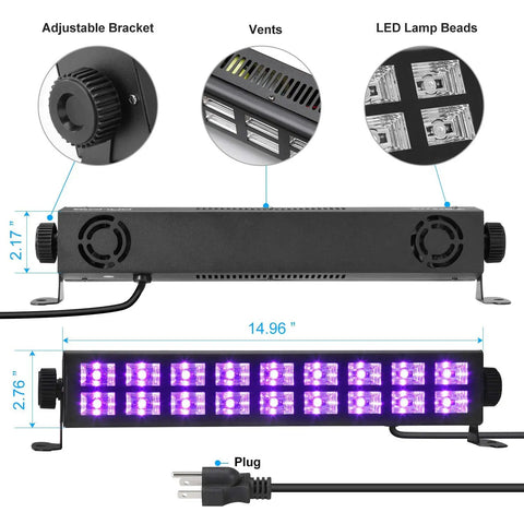 Ultra Bright 54W 18 LED UV Black Light Bar with remote control and 120° beam angle, dimensions 14.96 x 2.76 inches for neon parties.