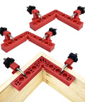 Squared Up 90 Degree Positioning Square Right Angle Splicing Clamp Kit Adjustable Woodworking Corner Fixture Pro Grade Jig For Cabinets Picture Frames No Hassle Setup Red Finish with ABS blocks on wood corner.