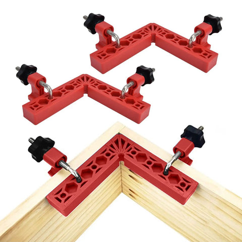 Squared Up 90 Degree Positioning Square Right Angle Splicing Clamp Kit Adjustable Woodworking Corner Fixture Pro Grade Jig For Cabinets Picture Frames No Hassle Setup Red Finish with ABS blocks on wood corner.