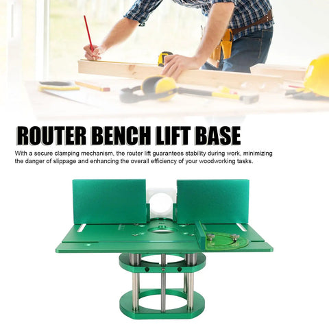 Adjustable Router Lift System With Heavy Duty Aluminum Base Plate And Manual Depth Control For Weekend Warriors featuring green bench lift base.