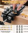Doweling Jig Kit With Quick Positive Stop And Clamp, Adjustable Doweling Jig For 1/4, 3/8, And 1/2 Inch Drill Bits, hands using guide