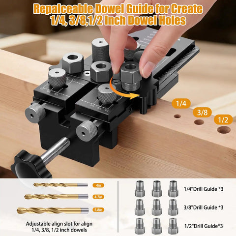 Doweling Jig Kit With Quick Positive Stop And Clamp, Adjustable Doweling Jig For 1/4, 3/8, And 1/2 Inch Drill Bits, hands using guide