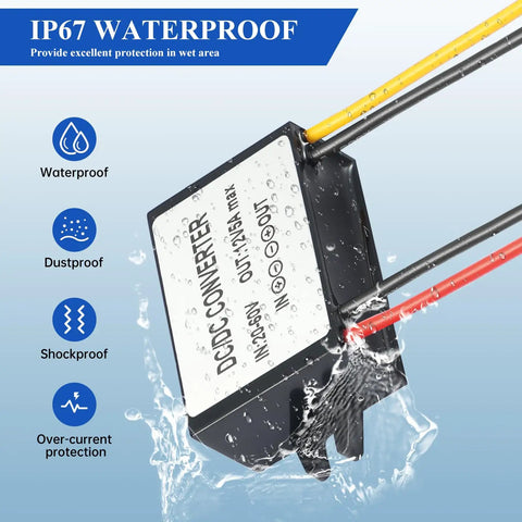 Garage Ready DC Buck Converter Step Down Power Module 17 To 60V To 12V Input IP67 waterproof power module in water.