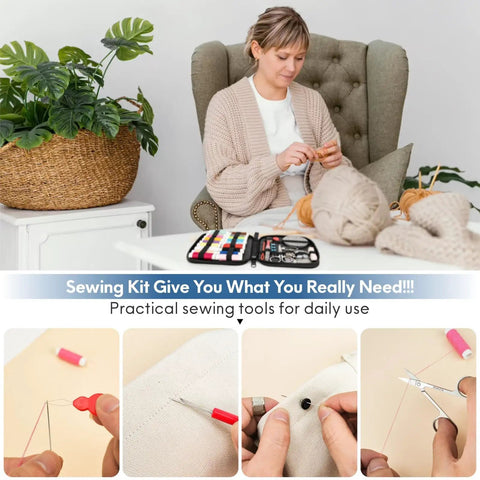Person using Must Have Carry Along Portable Sewing Kit With Mixed Color Threads, Stainless Steel Scissors, Thimble, in living room.