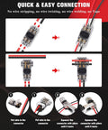 Instructional graphic showing 40 Piece Wire Tap Connectors Kit For 24-20 AWG Quick Solderless No Stripping T Tap Low Voltage Wire Connector.