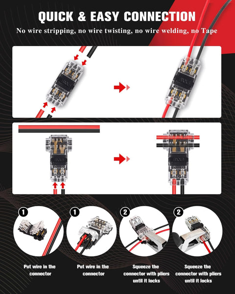 Instructional graphic showing 40 Piece Wire Tap Connectors Kit For 24-20 AWG Quick Solderless No Stripping T Tap Low Voltage Wire Connector.
