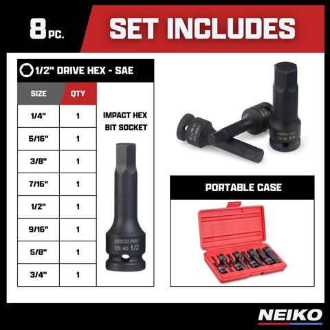 1/2-Inch Drive Allen Socket Set With 3-Inch Length Bits, SAE Hex Driver displayed with impact sockets and red case