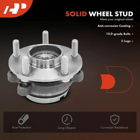 Front Wheel Bearing And Hub Assembly With 5 Lug For Nissan Altima Murano Pathfinder Maxima Infiniti QX60 QX50 JX35 Bolt On Fits 2007 To 2021 Models Durable Hub Smooth Ride Easy Install close-up view with anti-corrosion coating and 10.9-grade bolts.