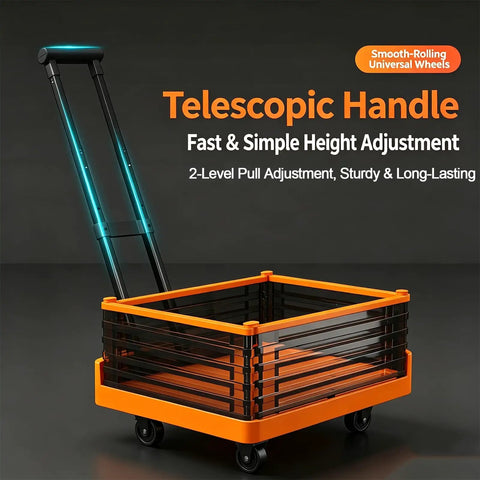 Heavy Duty Foldable Push Cart Dolly Platform Truck With Telescopic Handle And Guard Rails 330 Lbs Capacity Flatbed To Cart In Seconds Perfect For Warehouse Garage Office Hotel Moves, orange steel cart with raised rails