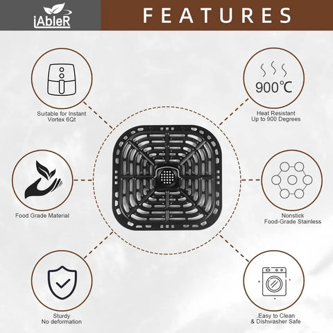 Instant Vortex 6 Qt Air Fryer Replacement Tray and Grill Plate with feature icons, heat resistant, food-grade stainless steel, dishwasher safe