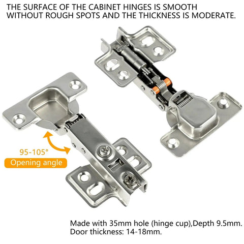 Stainless Steel Cabinet Door Hinges With Damper Buffer Soft Close Quiet Concealed Wardrobe Hinges with opening angle illustrated.