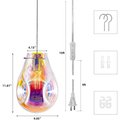 Plug In Pendant Light With Cord E26 E27, Handblown Colorful Glass Pendant Lighting, 15ft cord, kitchen island view